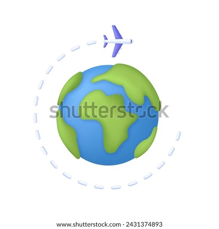 3D Plane flying over the world illustration. Travel around the world. Trendy and modern vector in 3d style