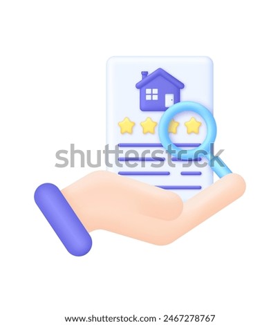 3D Search house. Hands holding concept. Search for real estate, home to buy, property for sale concept. Trendy and modern vector in 3d style