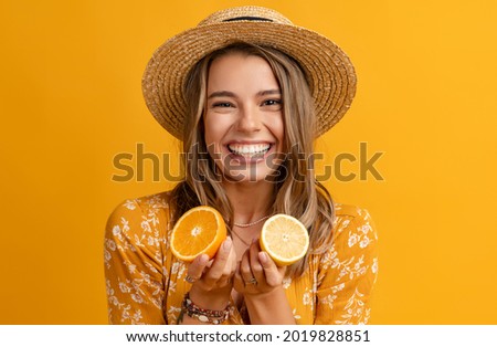 Similar – Image, Stock Photo Young Woman Holding Lemon Slices Over Eyes Smiling Widely