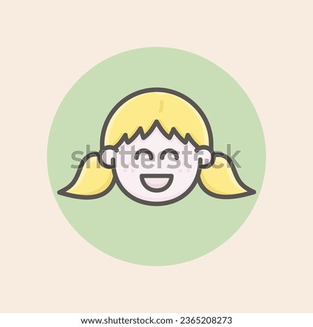 Cute girl caucasian face avatar with blonde hair and two tails, freckles, smiling open mouth, delighted mood and circular green background filled iconic vector line art