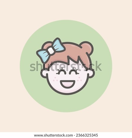 Cute caucasian girl face avatar icon with brown hair, two hair bows, blue ribbon, delighted mood, freckles and green background filled iconic vector line art.