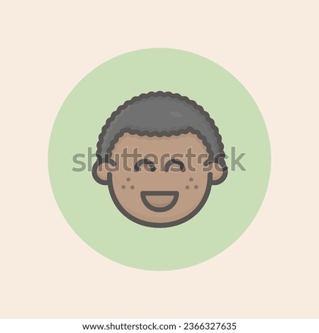 Cute boy afro face avatar with curly black hair, freckles, smiling open mouth, delighted mood, and circular green background filled iconic vector line art.
