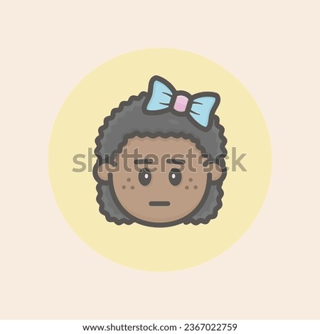 Girl Afro Face Avatar with black curly hair, ribbon, disappointed mood and yellow background filled iconic vector line art