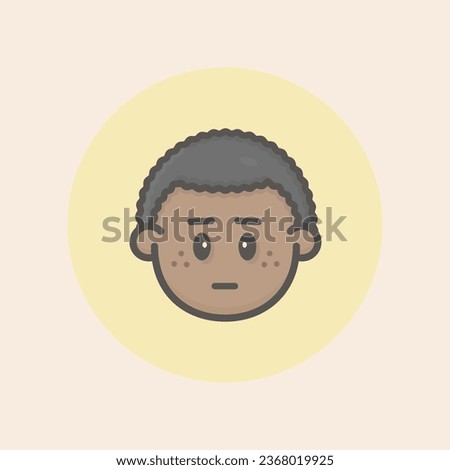 Cute boy afro face avatar with curly black hair, freckles, serious mouth, disappointed mood, and circular yellow background filled iconic vector line art.