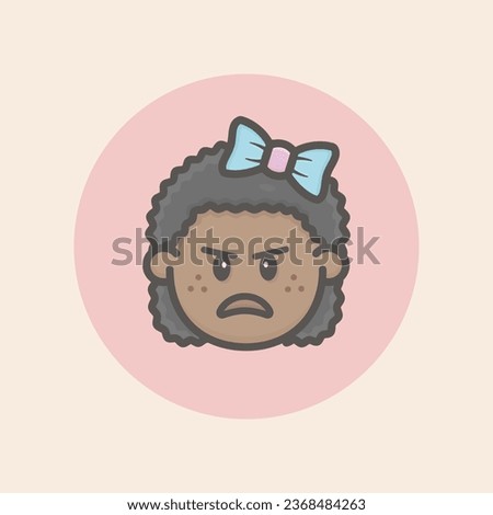 Girl Afro Face Avatar with black curly hair, ribbon, angry mood and red background filled iconic vector line art