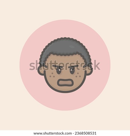Cute boy afro face avatar with curly black hair, freckles, open mouth, angry mood and circular red background filled iconic vector line art.