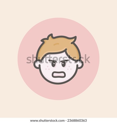 Cute kid face avatar icon with short brown hair, angry mood, freckles and red background filled iconic vector line art