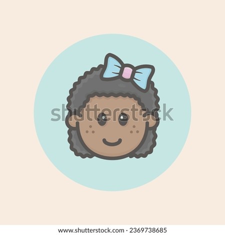 Girl Afro Face Avatar with black curly hair, ribbon, happy mood and blue background filled iconic vector line art