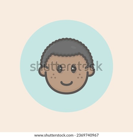 Cute boy afro face avatar with curly black hair, freckles, glad mouth, happy mood and circular blue background filled iconic vector line art