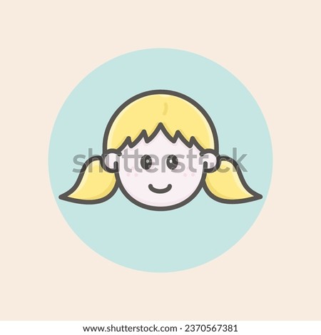 Cute girl caucasian face avatar with blonde hair and two tails, freckles, happy mood and circular blue background filled iconic vector line art