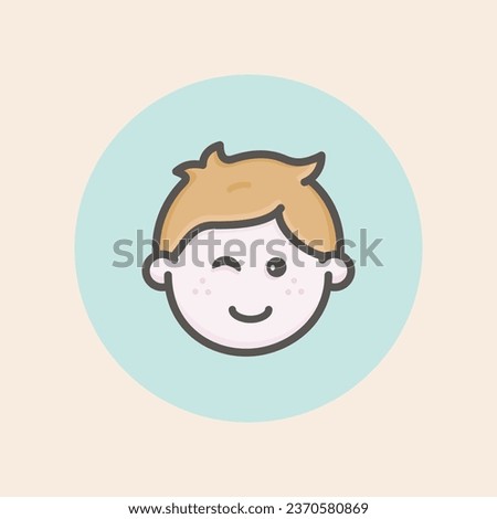 Cute kid face avatar icon with short brown hair, winking eye, happy mood, freckles and blue background filled iconic vector line art