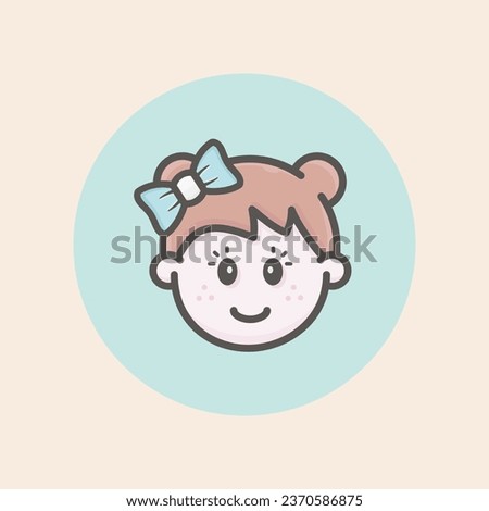 Cute caucasian girl face avatar icon with brown hair, two hair bows, blue ribbon, happy mood, freckles and blue background filled iconic vector line art.