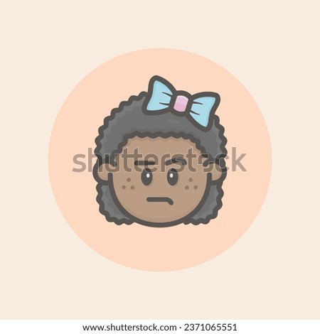 Girl Afro Face Avatar with black curly hair, ribbon, annoyed mood and orange background filled iconic vector line art