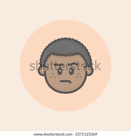 Cute boy afro face avatar with curly black hair, freckles, annoyed mood and circular orange background filled iconic vector line art