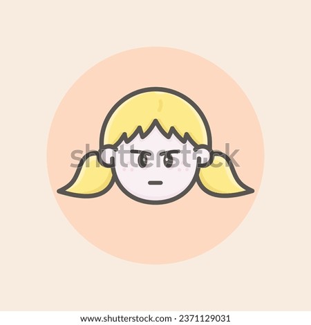Cute girl caucasian face avatar with blonde hair and two tails, freckles, annoyed mood and circular orange background filled iconic vector line art
