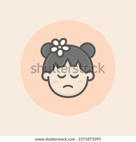 Cute asian girl face avatar with a flower in the dark straight hair, two hair bows, freckles, annoyed mood and circular orange background filled iconic vector line art