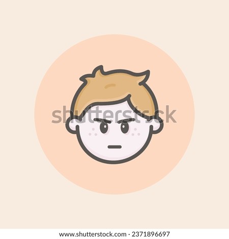 Cute kid face avatar icon with short brown hair, serious mood, freckles and orange background filled iconic vector line art
