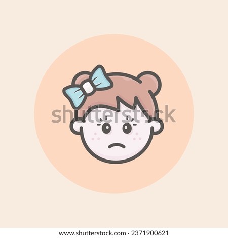 Cute caucasian girl face avatar icon with brown hair, two hair bows, orange ribbon, annoyed mood, freckles and orange background filled iconic vector line art.