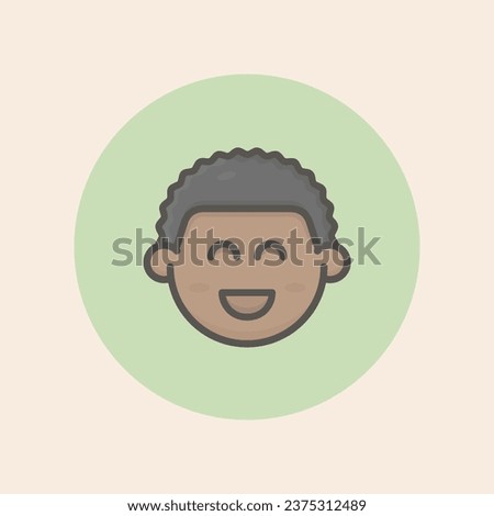 Cute boy face afro avatar with cheeks, curly black hair, smiling open mouth, delighted mood, and circular green background filled iconic vector line art.