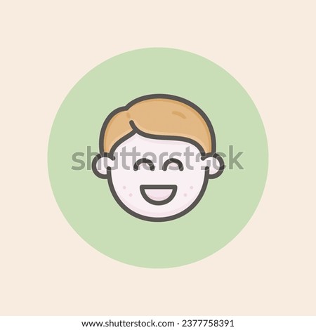 Cute young boy face avatar icon with short brown hair, delighted mood, freckles and green background filled iconic vector line art