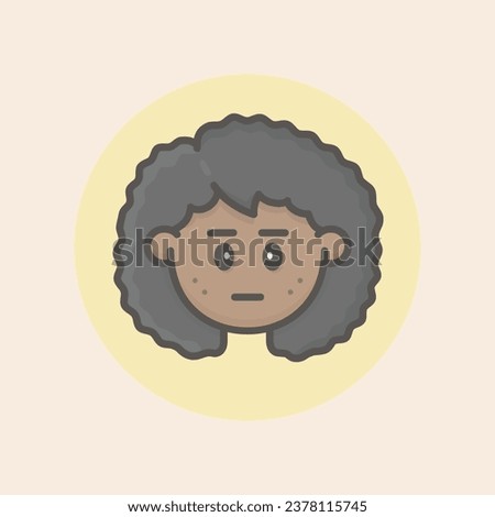 Woman Afro Face Avatar with black curly hair, freckles, disappointed mood and yellow background filled iconic vector line art