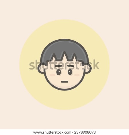 Cute face avatar asian boy with short size dark straight hair, freckles, disappointed mood and circular yellow background filled iconic vector line art