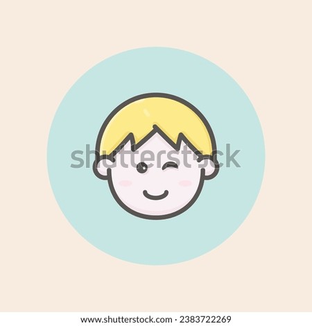 Cut young boy face avatar with short blond hair, happy mood and blue background filled iconic vector line art