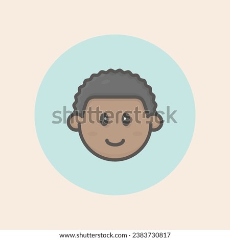Cute boy face afro avatar with cheeks, curly black hair, funny mouth, happy mood and circular blue background filled iconic vector line art