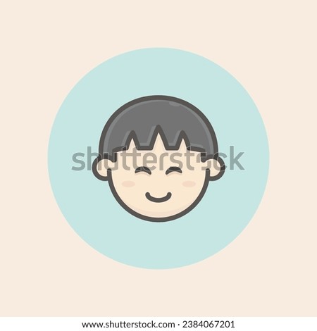 Cute face avatar asian boy with short size dark straight hair, freckles, happy mood and circular blue background filled iconic vector line art
