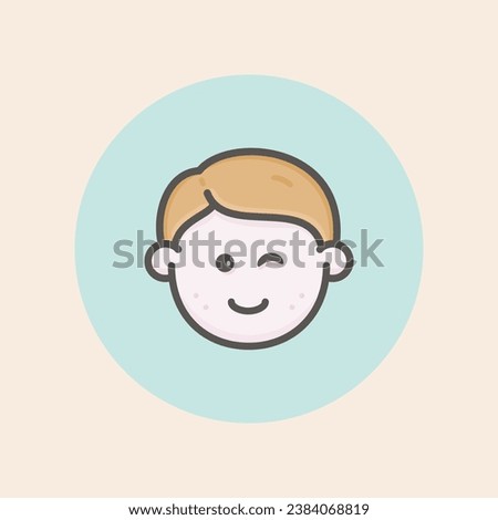 Cute young boy face avatar icon with short brown hair, happy mood, freckles and blue background filled iconic vector line art