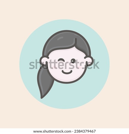 Cute face avatar of young female caucasian icon with tail in black hair, winked eye, happy mood, cheeks and blue background filled iconic vector line art