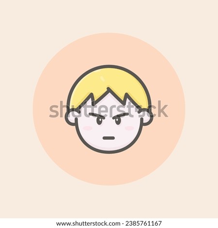Cut young boy face avatar with short blond hair, annoyed mood and orange background filled iconic vector line art