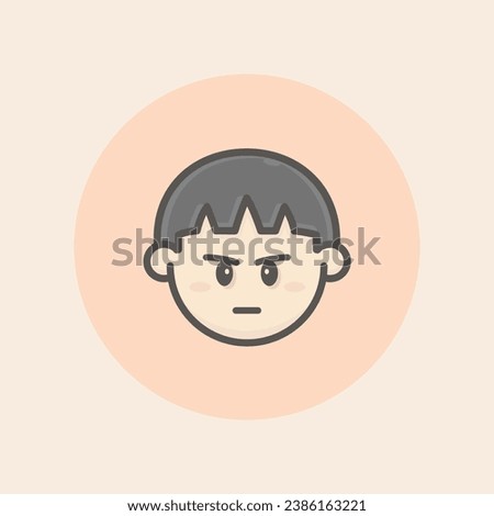 Cute face avatar asian boy with short size dark straight hair, freckles, annoyed mood and circular orange background filled iconic vector line art