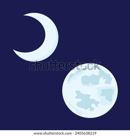 Two iconic moons over a night sky. One moon is full and another moon is waning crescent with reflects and details, vector flat art