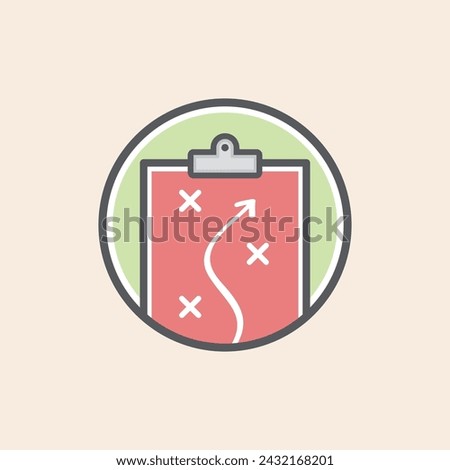 Strategic red folder filled icon with white arrow, crosses, metallic clip folder and strategy concept inside a green circle.