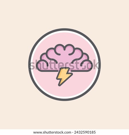 Pink cloud shaped brain filled icon with a yellow lightning and brainstorm concept over a pink circle