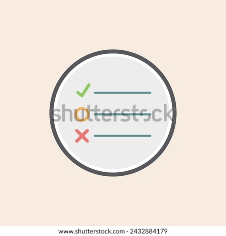 Checklist filled icon with green tick, orange circle and red cross bullet points inside a grey circle