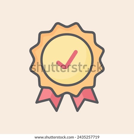 Yellow wavy badge filled icon with red ribbons and tick line inside