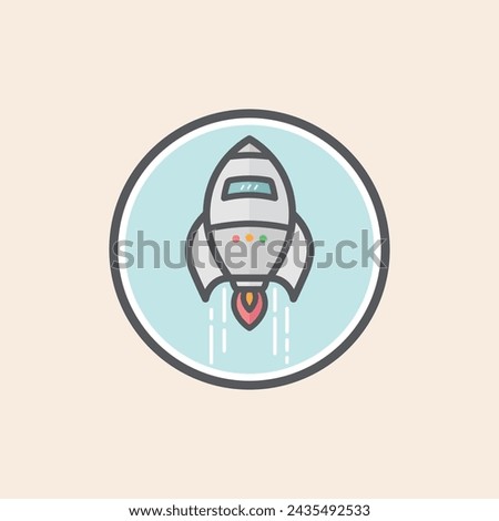 Flying rocket filled icon with fins and engine fire inside a blue circle background. Metallic gray rocket with red fire at the bottom.