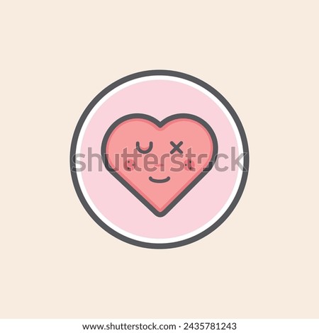 Cute red and funny heart filled icon inside a pink circle with a happy face, freckles, cheeks and UX in the eyes