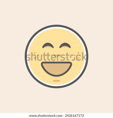 Cute happy yellow emoji filled icon with open mouth smile, closed happy eyes, nose and freckles