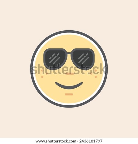Cute happy yellow emoji filled icon with black sunglasses, smile and freckles