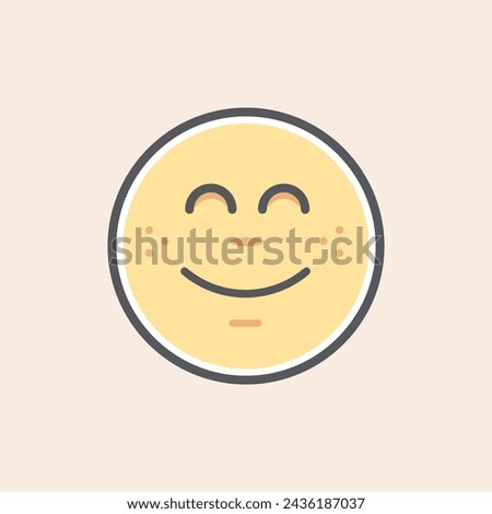 Cute happy yellow emoji filled icon with wide smile and freckles