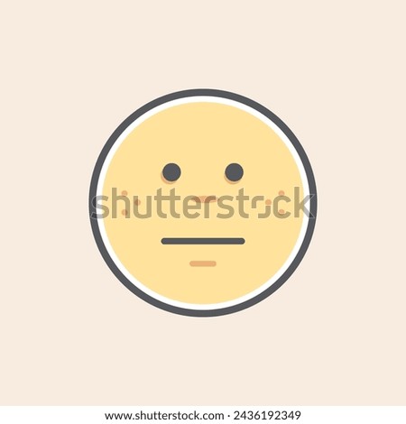 Cute yellow disappointed emoji filled icon with freckles and serious mouth
