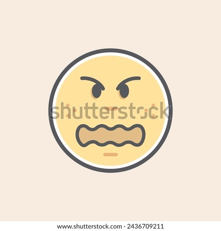 Cute yellow angry filled emoji icon with furious wavy open mouth and freckles