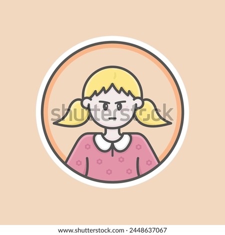 Cute kid girl circular avatar illustration with white skin, blonde hair, two tails and Annoyed face.
Purple sweater white collar, orange background, iconic style, vector line, flat, 100% resizable.
