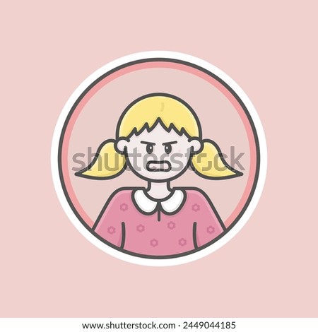 Cute kid girl circular avatar illustration with white skin, blonde hair, two tails and Angry face.
Purple sweater white collar, red background, iconic style, vector line, flat, 100% resizable.