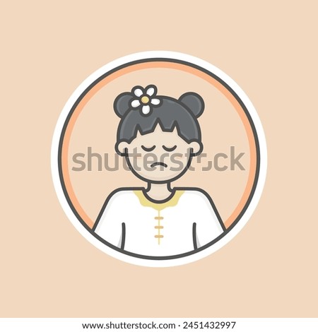 Cute asian kid girl circular avatar illustration with two hair bun, flower, black hair and annoyed face.
White sweater, orange background, iconic style, vector line, flat.
Isolated 100% resizable