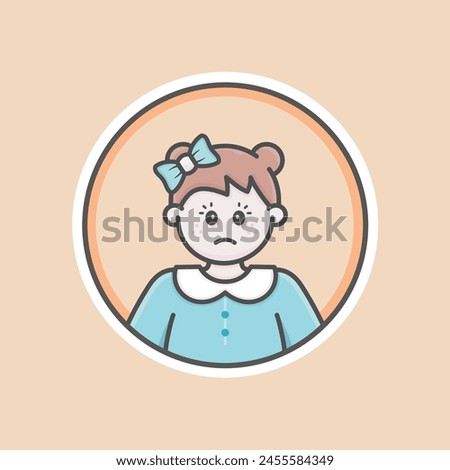 Cute Girl circular fat avatar illustration with white skin, brown hair, blue ribbon and annoyed face.
Blue sweater, orange background, iconic style, vector line, flat, isolated 100% resizable