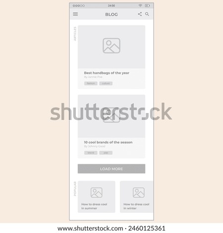 Blog Screen 1. Vector mobile wireframe editable design for mobile, with sample data and real user interface graphic details ready for ux and ui projects.